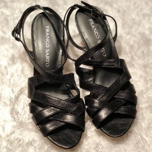 FRANCO SARTO | Black Leather Strap Buckle Wedges